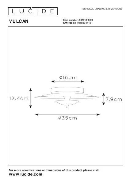 Lucide VULCAN - Plafonnière - Ø 35 cm - LED Dimb. - 1x9W 3000K - Zwart - technisch